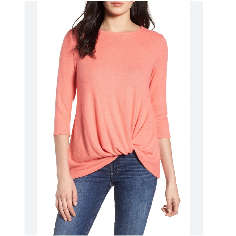 Gibsonlook‎ Coral Sugar Twist Front 3/4 Sleeve Casual Sweater Top Women Small